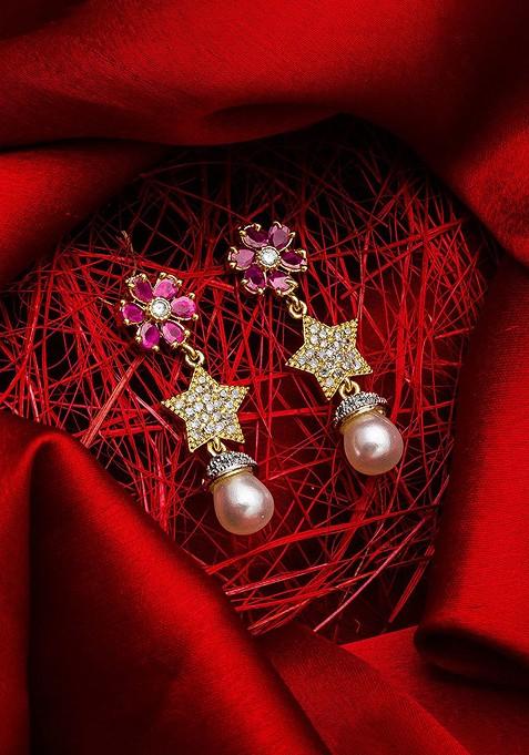 Gold Plated And Pink Star Shaped Drop Earrings