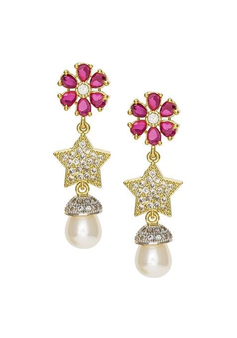 Gold Plated And Pink Star Shaped Drop Earrings