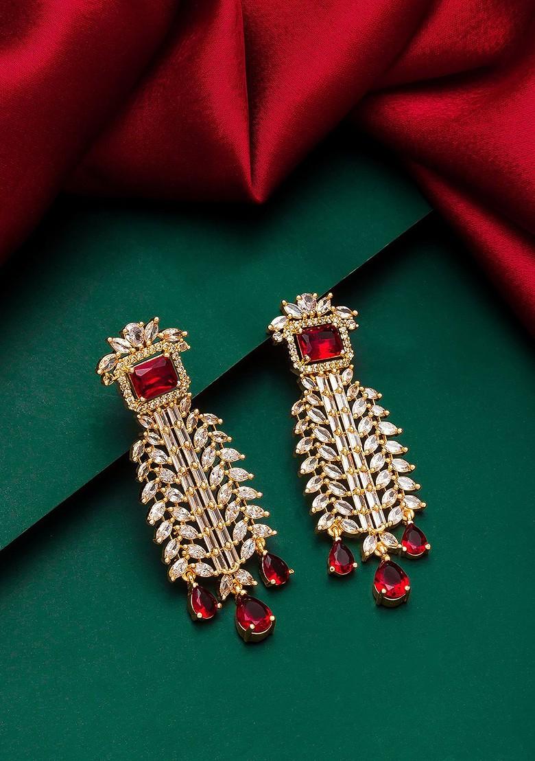 Gold Toned And Red Stone Studded Drop Earrings