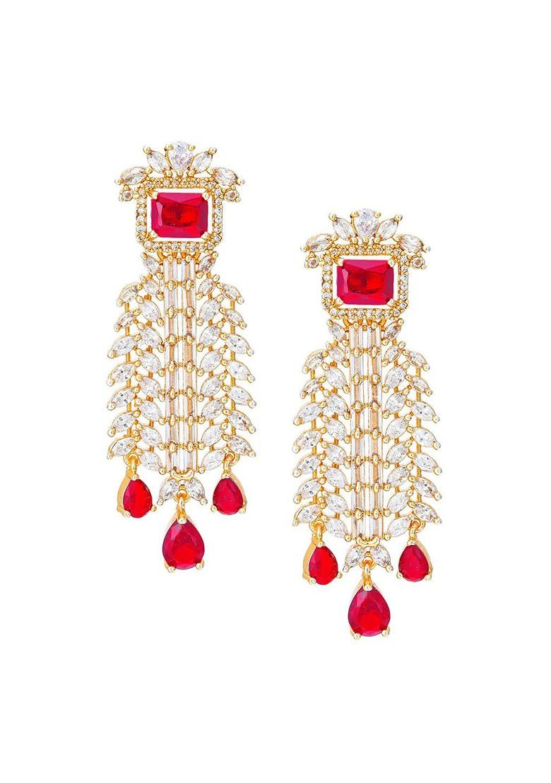 Gold Toned And Red Stone Studded Drop Earrings