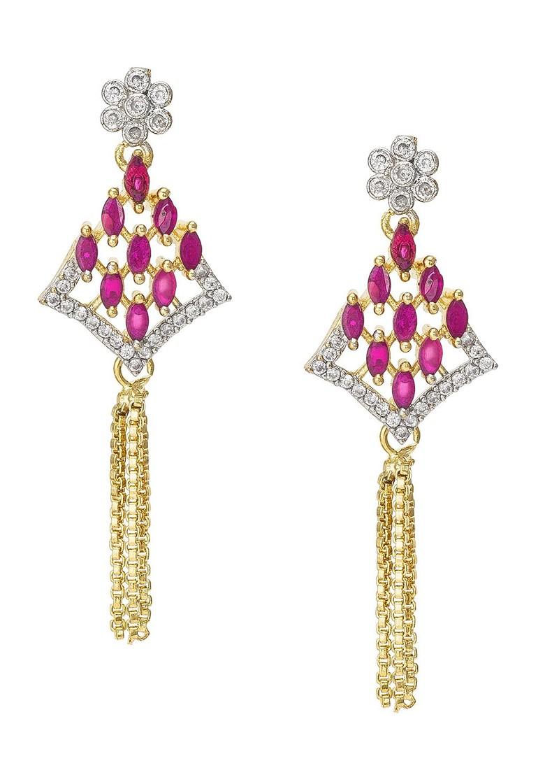 Gold Toned And Pink Floral Drop Earrings