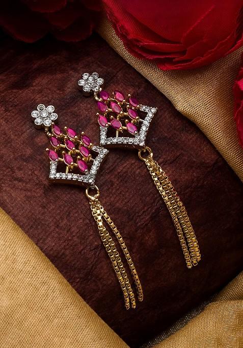 Gold Toned And Pink Floral Drop Earrings