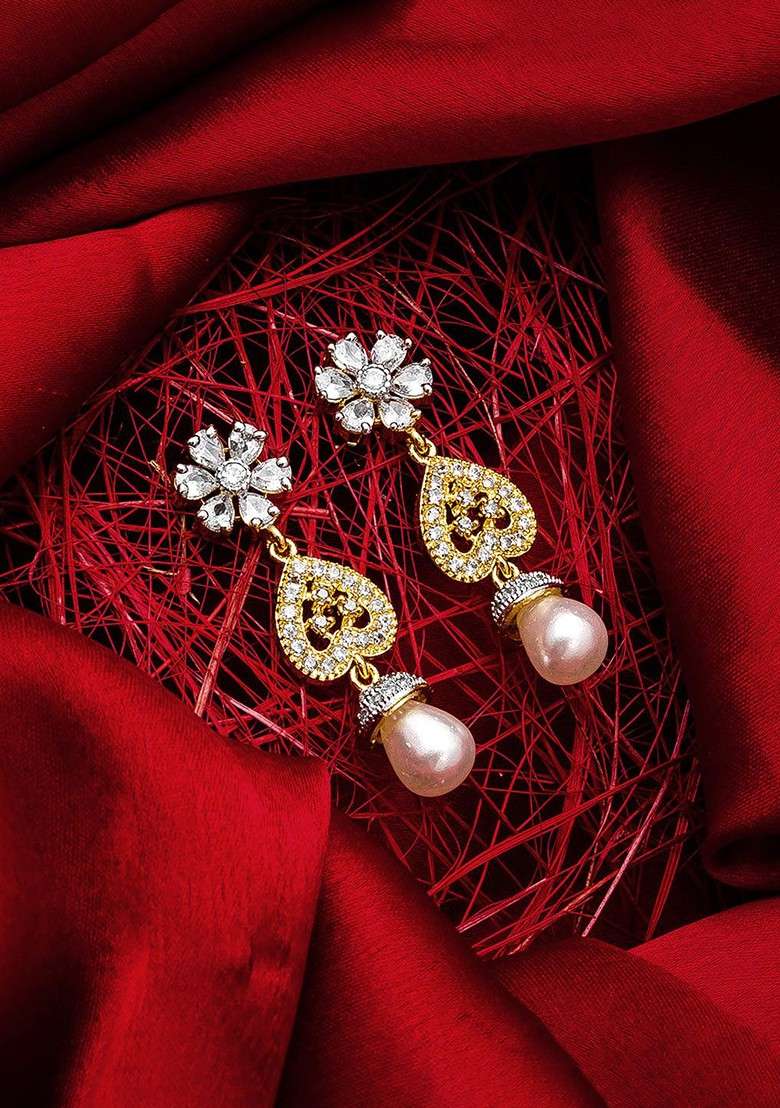 Gold Toned And White Floral Drop Earrings - Indya