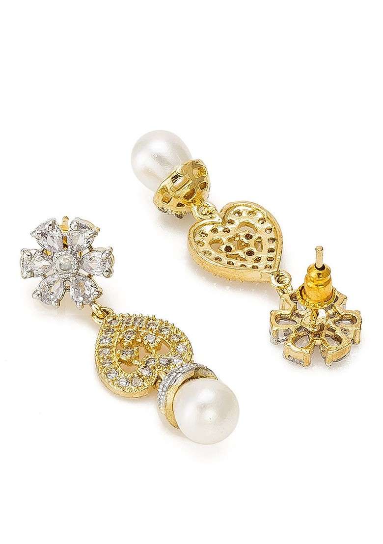 Gold Toned And White Floral Drop Earrings - Indya