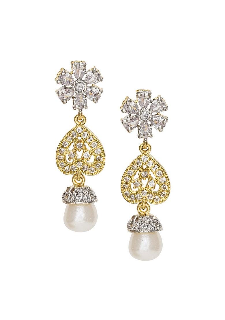 Gold Toned And White Floral Drop Earrings