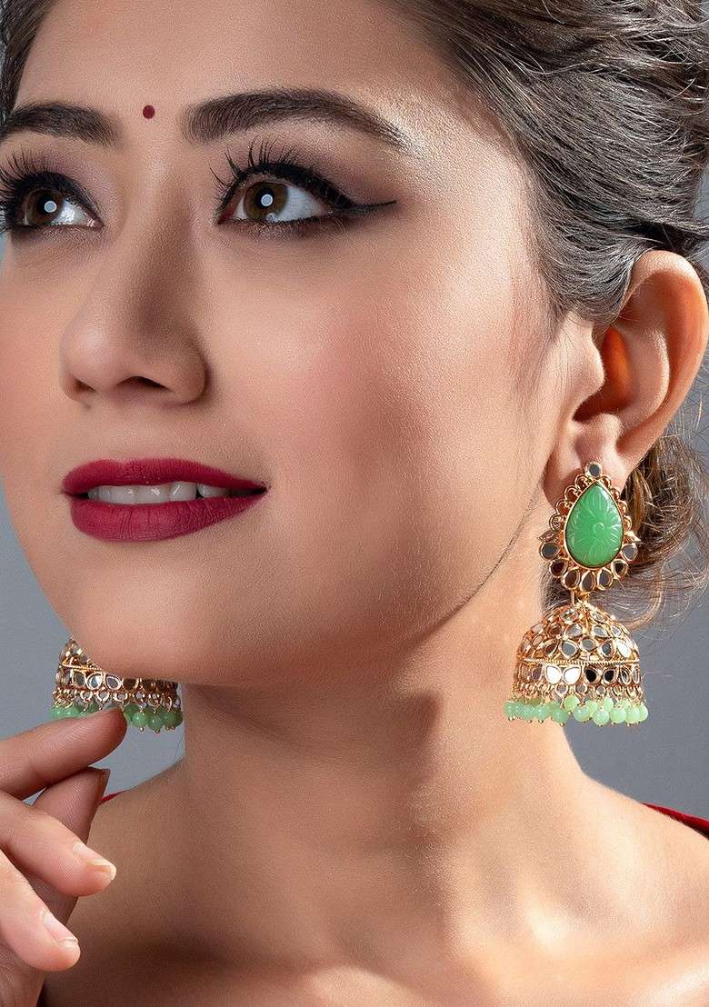 Gold Toned And Green Dome Shaped Jhumkas Earrings - Indya