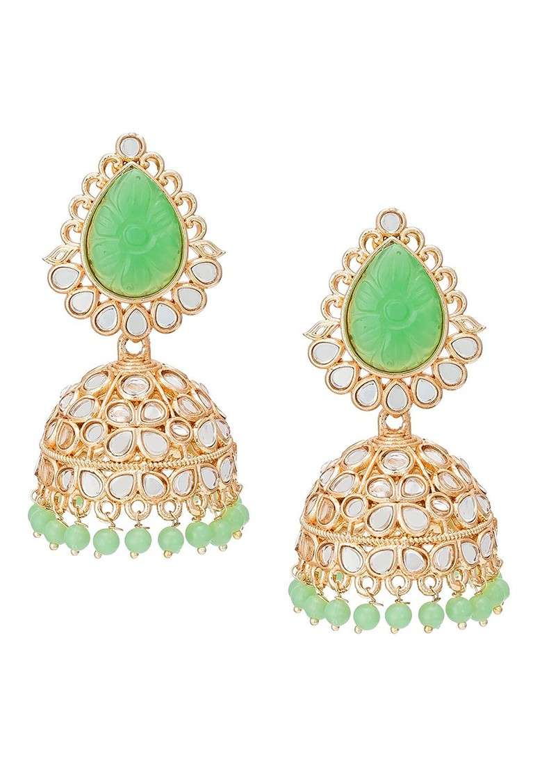 Gold Toned And Green Dome Shaped Jhumkas Earrings - Indya