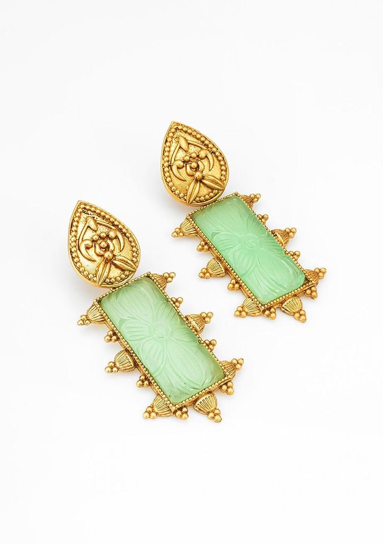 Gold Plated Stone Studded Geometric Drop Earrings