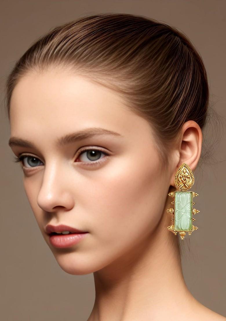 Gold Plated Stone Studded Geometric Drop Earrings