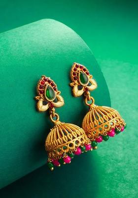 Gold Plated Stone Studded And Beaded Dome Shaped Jhumkas