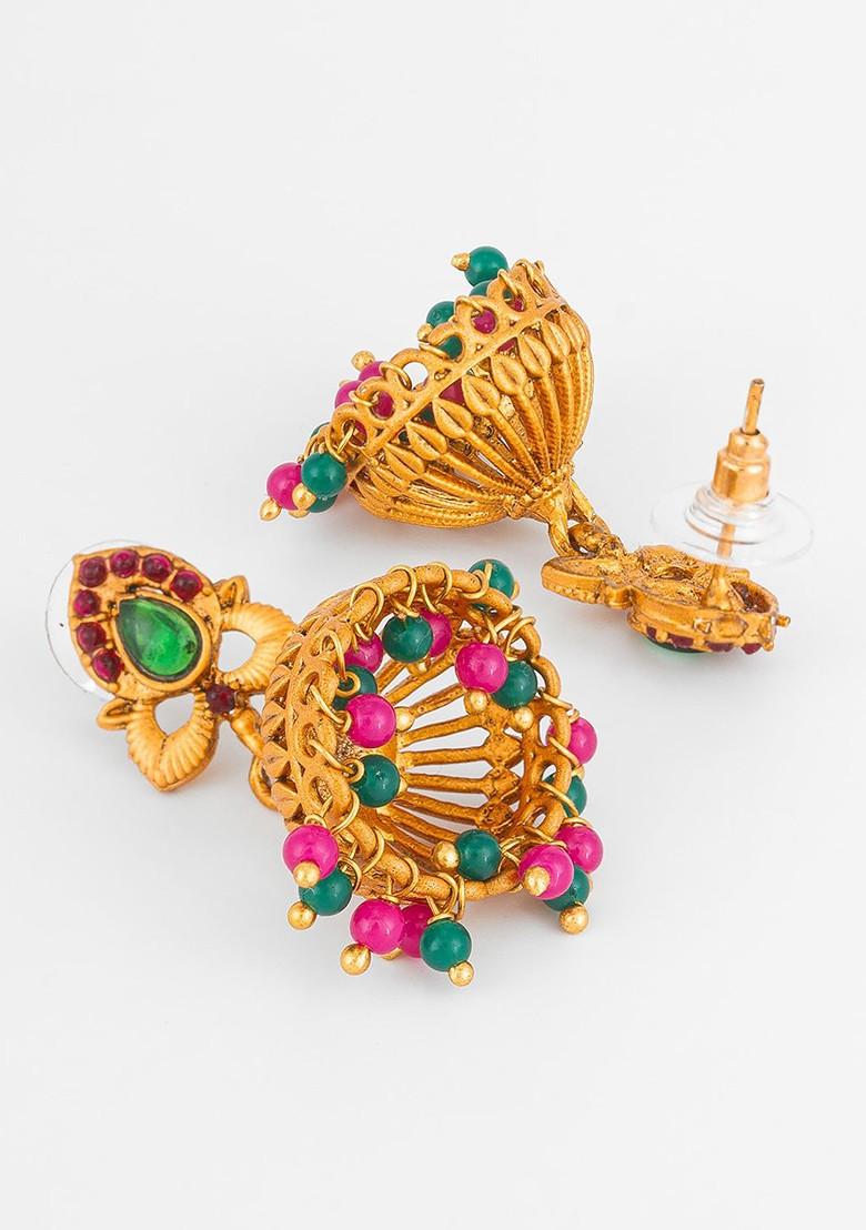 Gold Plated Stone Studded And Beaded Dome Shaped Jhumkas