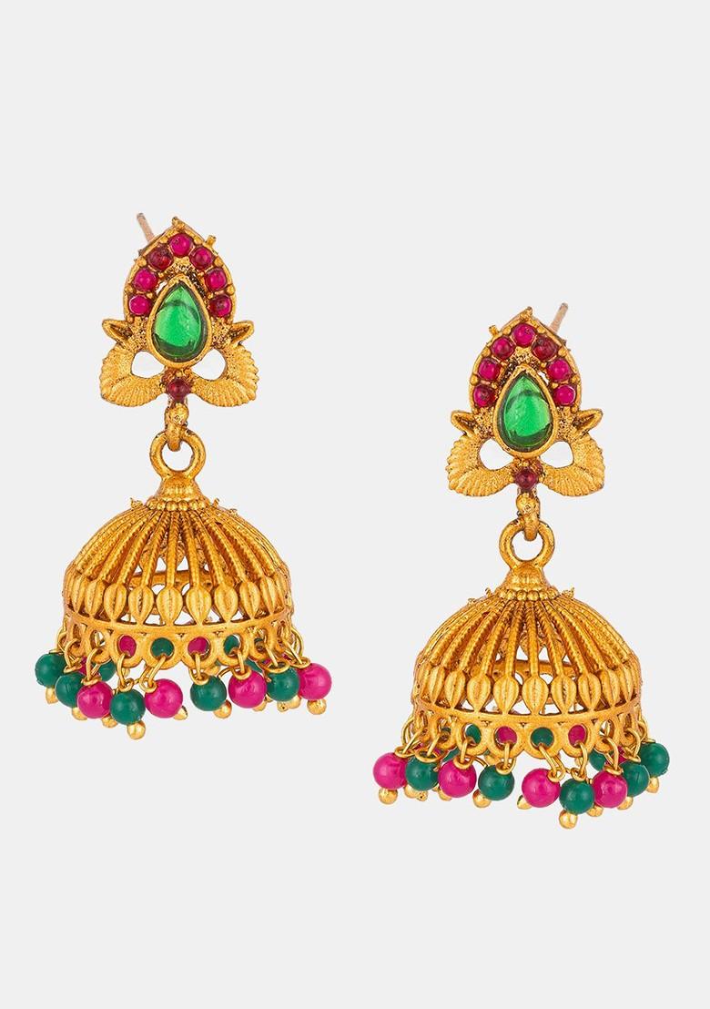 Gold Plated Stone Studded And Beaded Dome Shaped Jhumkas