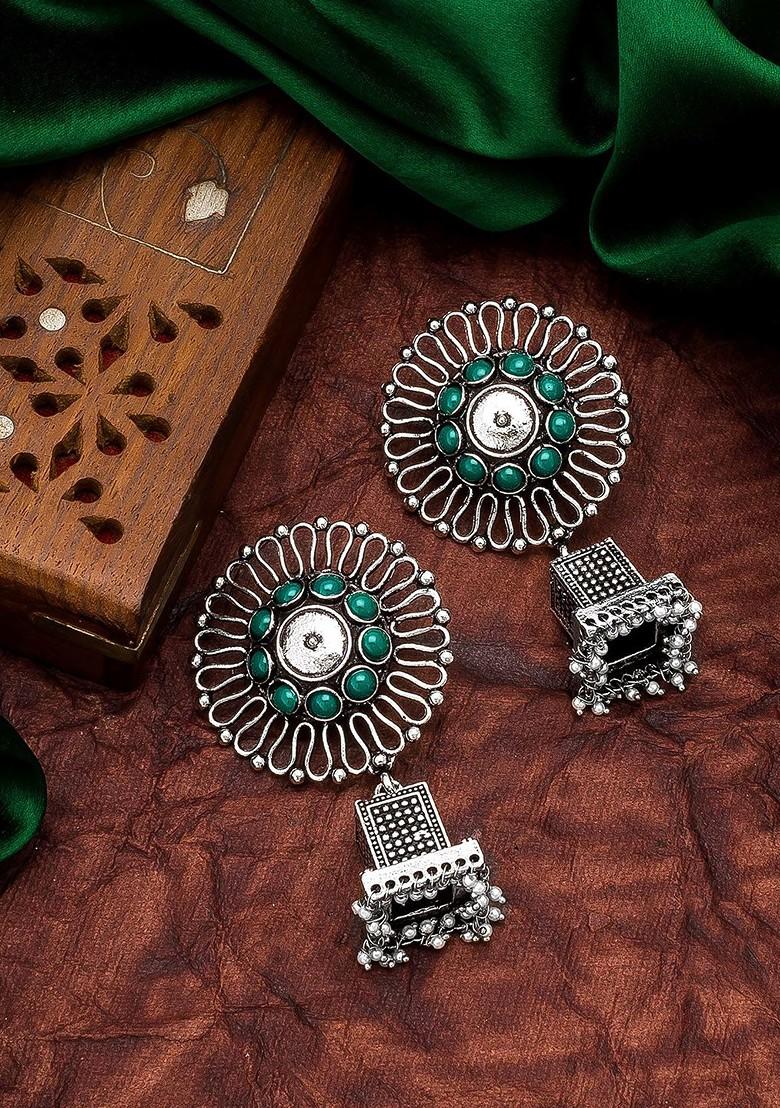 Silver Silver Toned And Green German Oxidised Floral Jhumkas Earrings