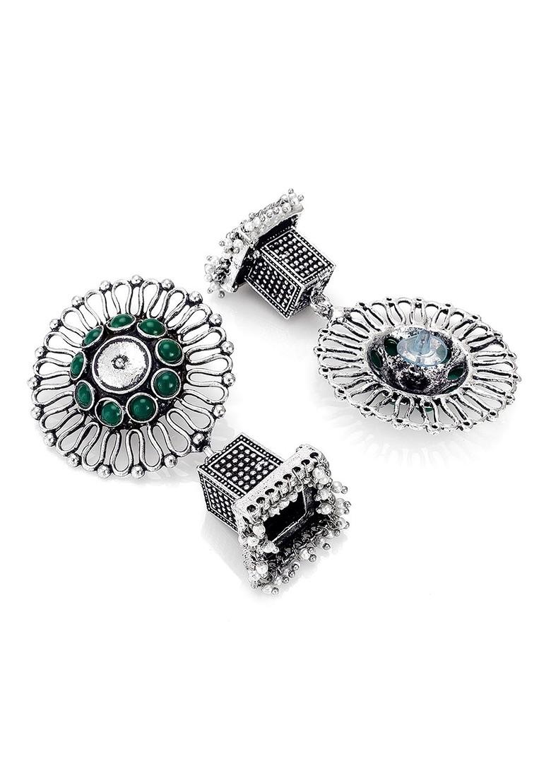 Silver Silver Toned And Green German Oxidised Floral Jhumkas Earrings