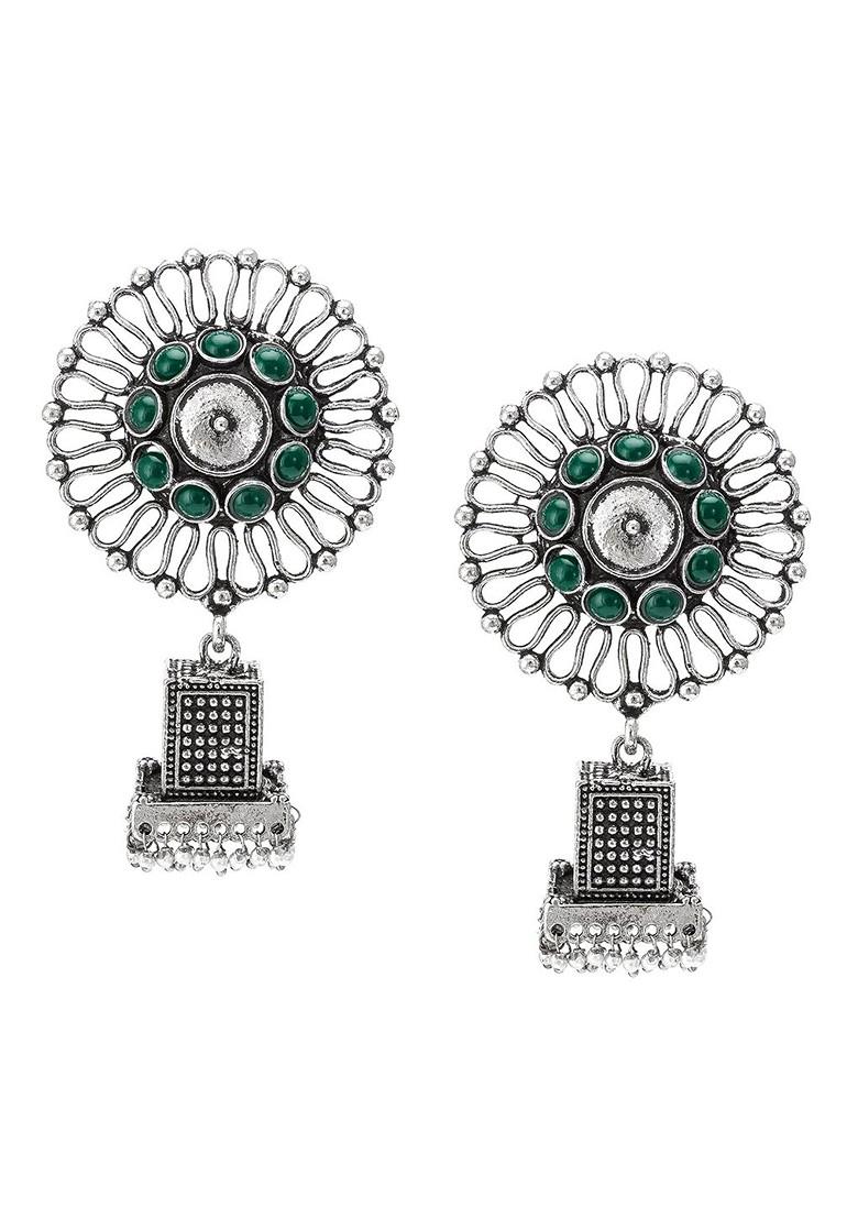 Silver Silver Toned And Green German Oxidised Floral Jhumkas Earrings
