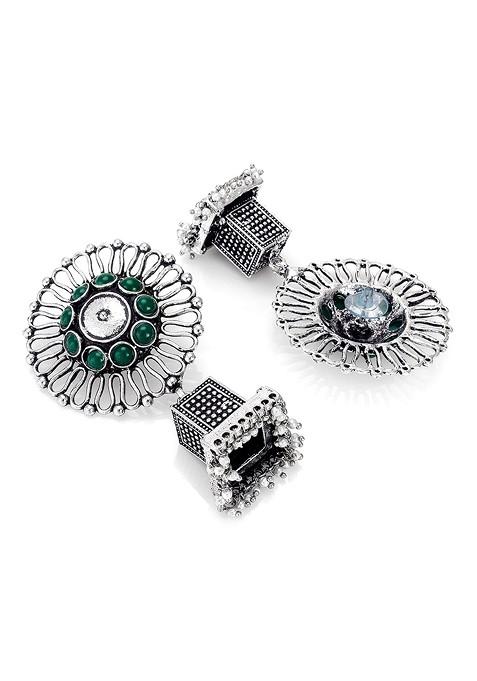Silver Silver Toned And Green German Oxidised Floral Jhumkas Earrings