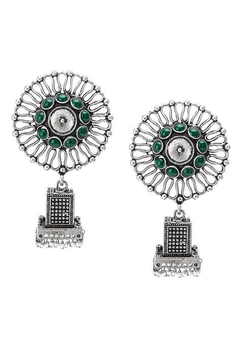 Silver Silver Toned And Green German Oxidised Floral Jhumkas Earrings
