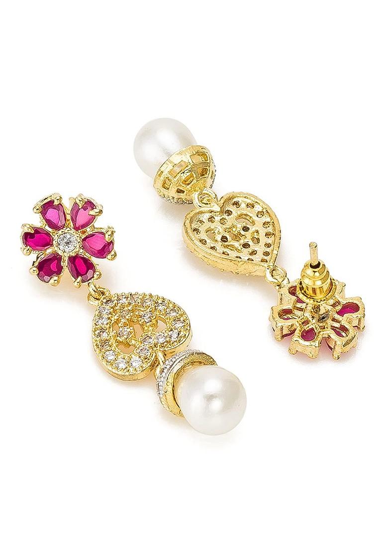 Gold Toned Ad Studded Floral Drop Earrings