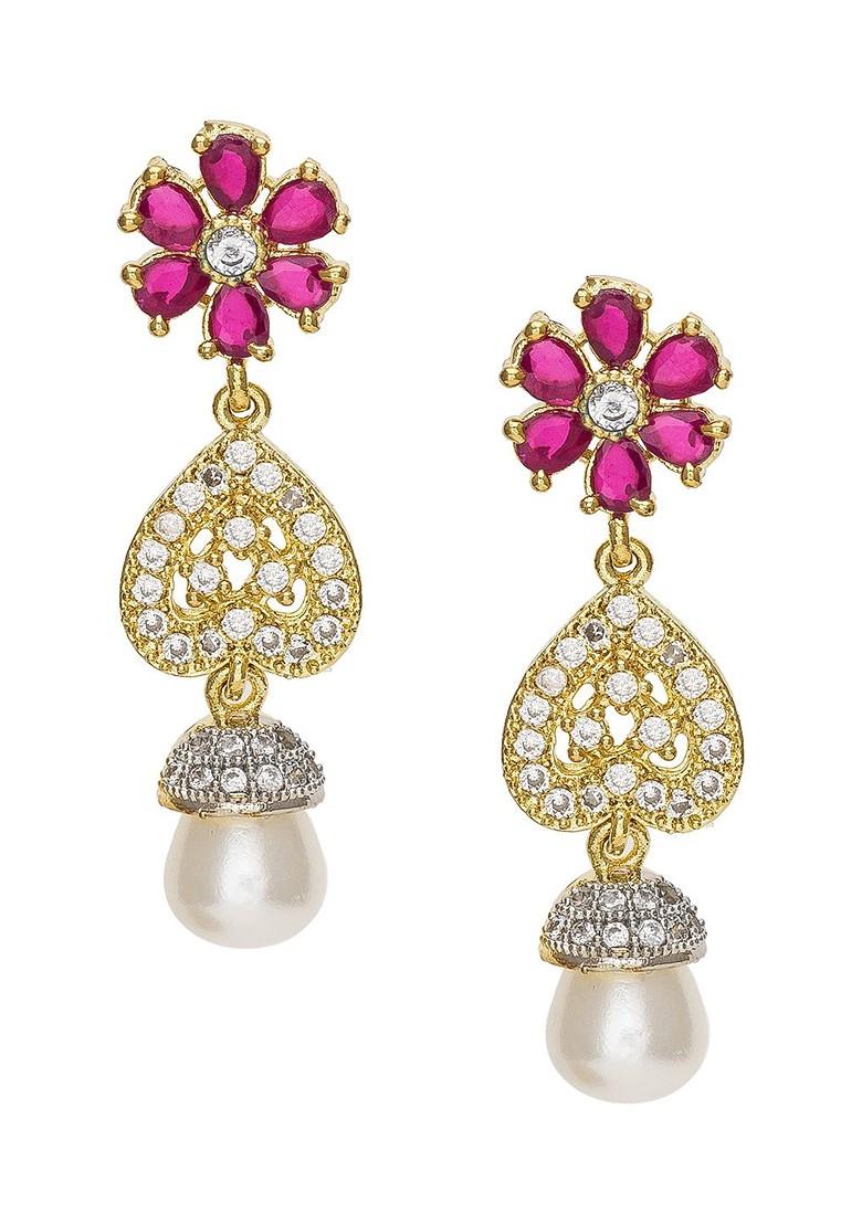 Gold Toned Ad Studded Floral Drop Earrings