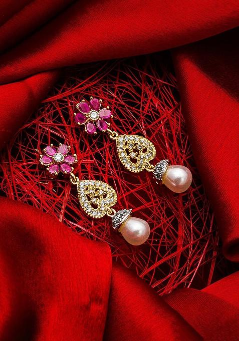 Gold Toned Ad Studded Floral Drop Earrings