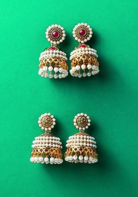 Set Of 2 Gold Plated Artificial Stones Studded And Beaded Dome Shaped Jhumkas