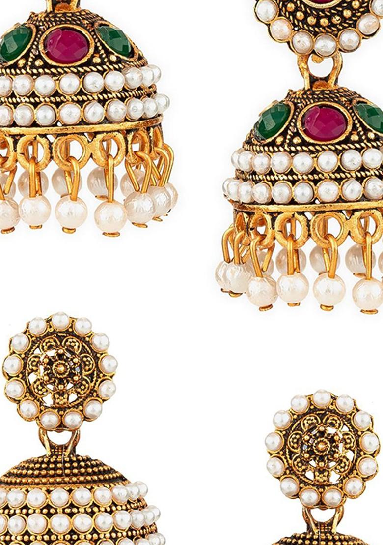 Set Of 2 Gold Plated Artificial Stones Studded And Beaded Dome Shaped Jhumkas