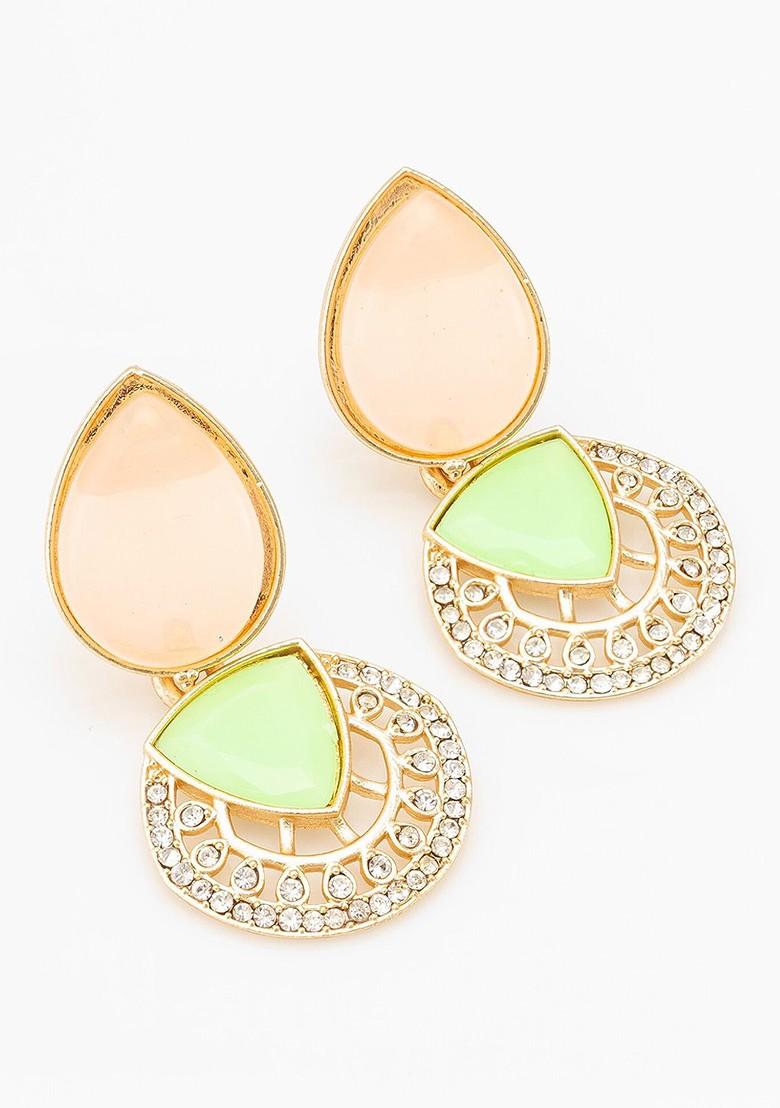 Gold Plated Geometric Stone Studded Drop Earrings