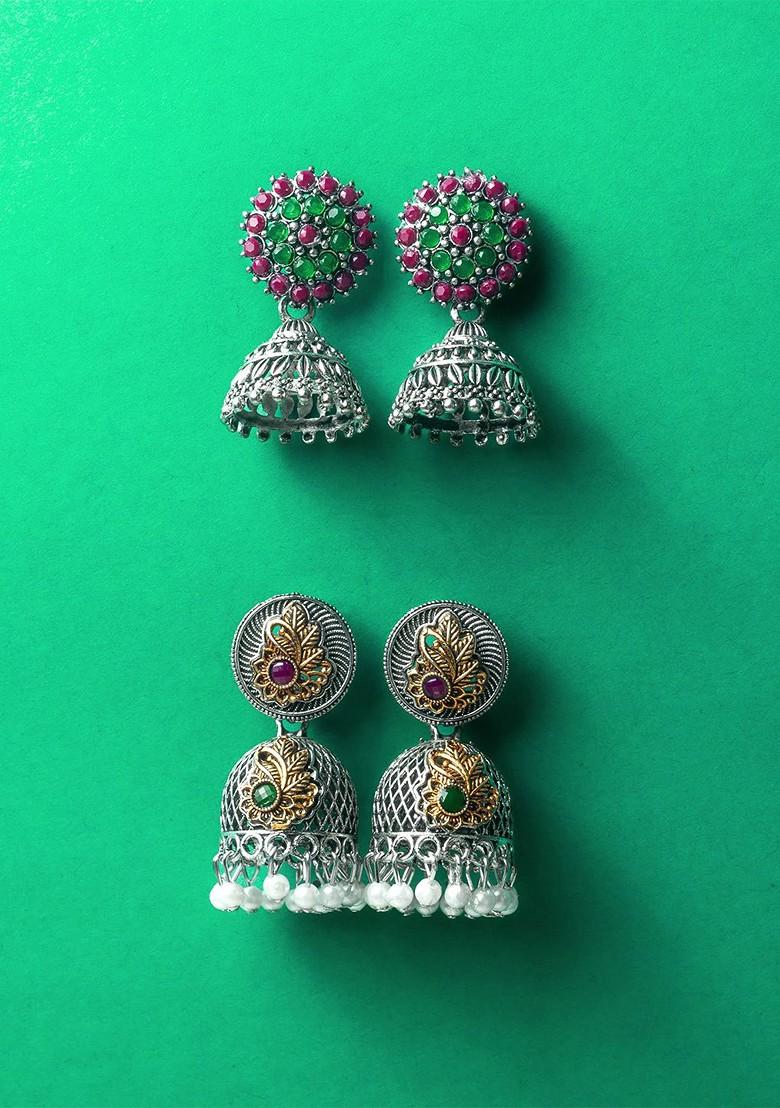 Silver Set Of 4 Silver Plated Artificial Stones Studded Dome Shaped Jhumkas