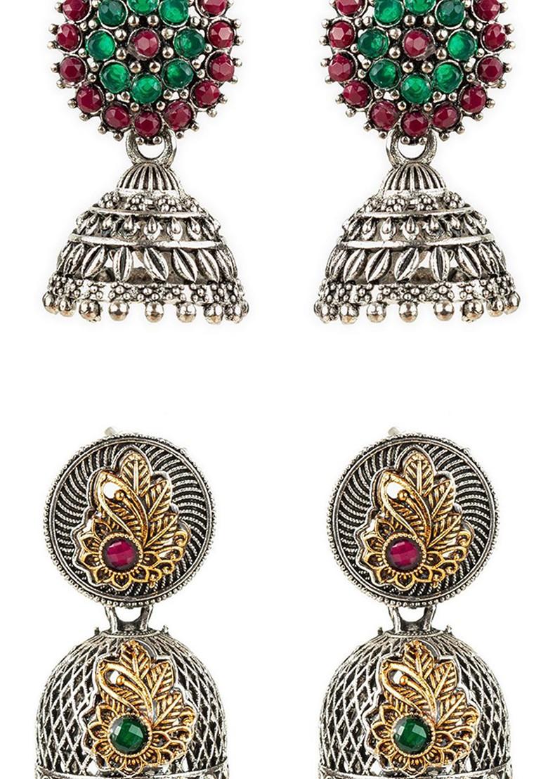 Silver Set Of 4 Silver Plated Artificial Stones Studded Dome Shaped Jhumkas