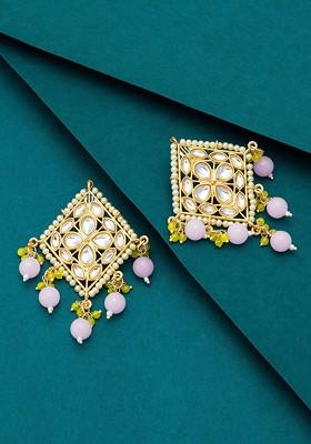 White And Green Square Gold Plated Artificial Stones Drop Earrings