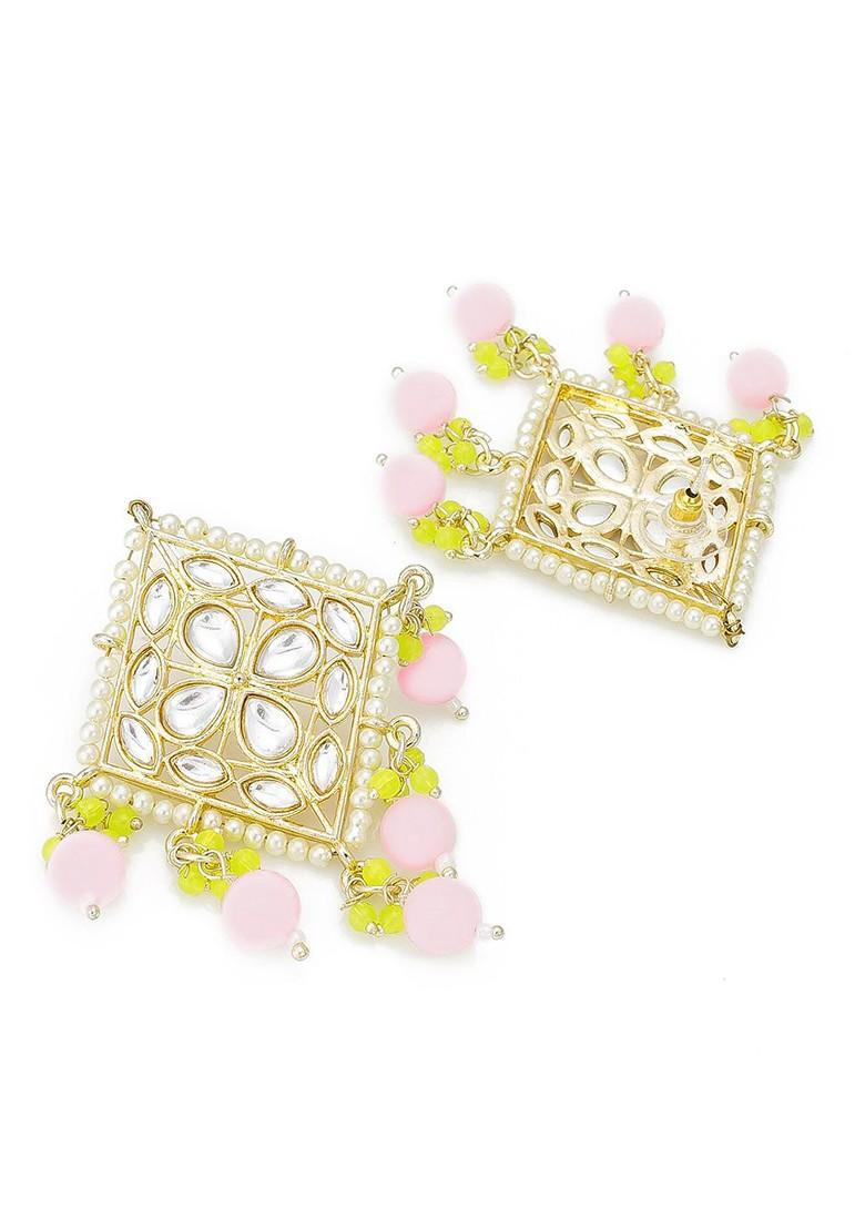 White And Green Square Gold Plated Artificial Stones Drop Earrings