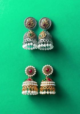 Set Of 2 Silver Plated Artificial Stones Studded Dome Shaped Jhumkas