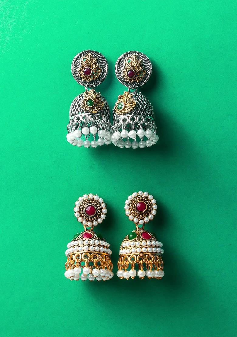 Set Of 2 Silver Plated Artificial Stones Studded Dome Shaped Jhumkas