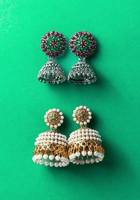 Silver Set Of 2 Silver Plated Artificial Stones Studded Dome Shaped Jhumkas