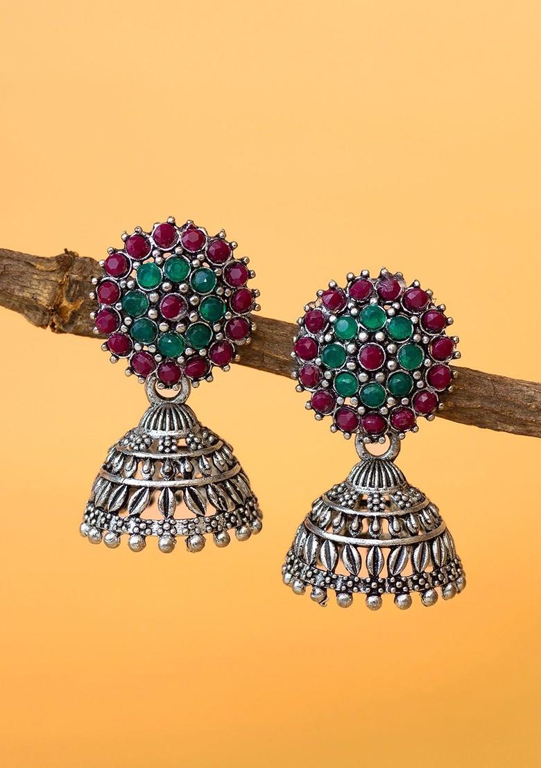 Silver Set Of 2 Silver Plated Artificial Stones Studded Dome Shaped Jhumkas