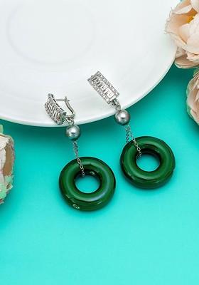 Silver Silver Toned And Green Spherical Drop Earrings