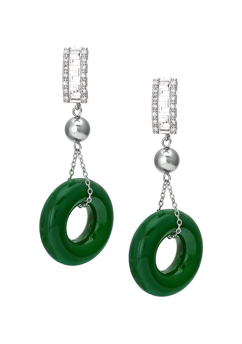 Silver Silver Toned And Green Spherical Drop Earrings