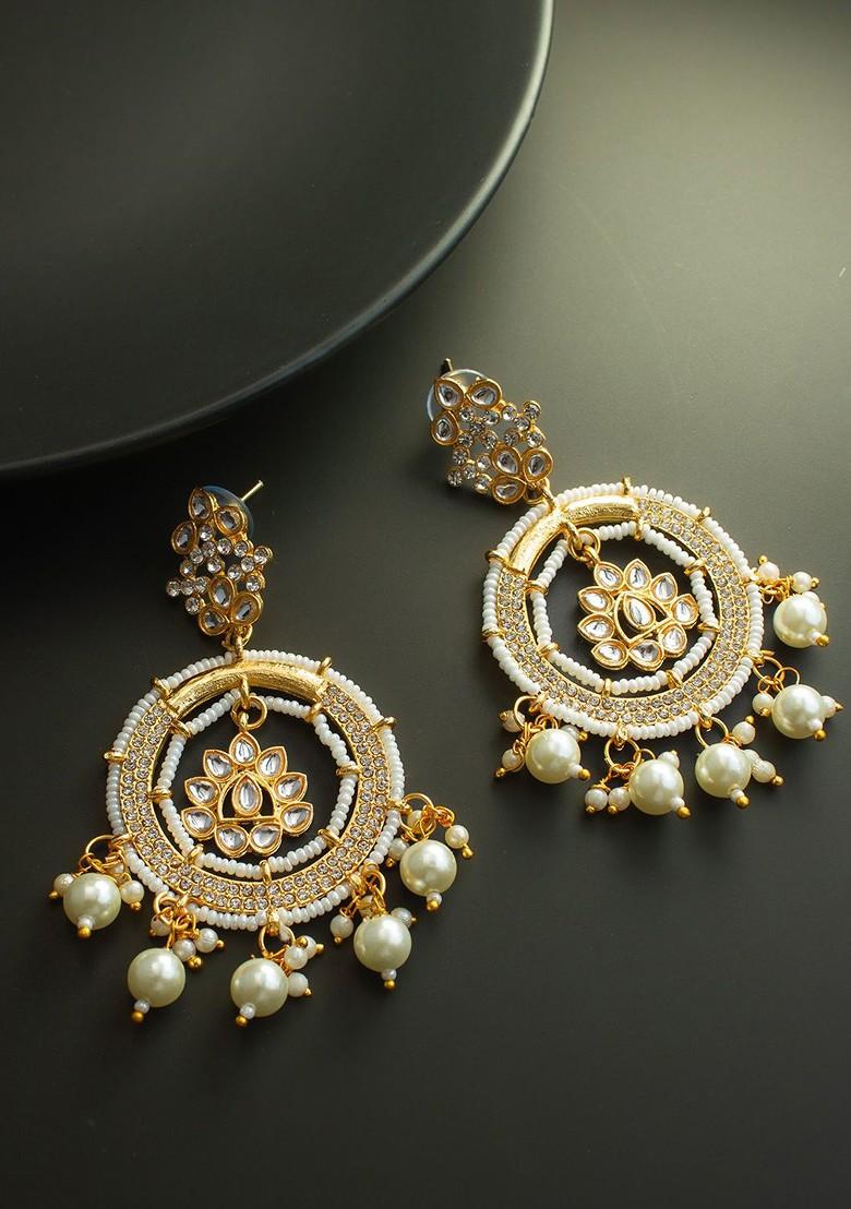 Gold Plated Kundan Stones Studded And Beaded Dome Shaped Jhumkas