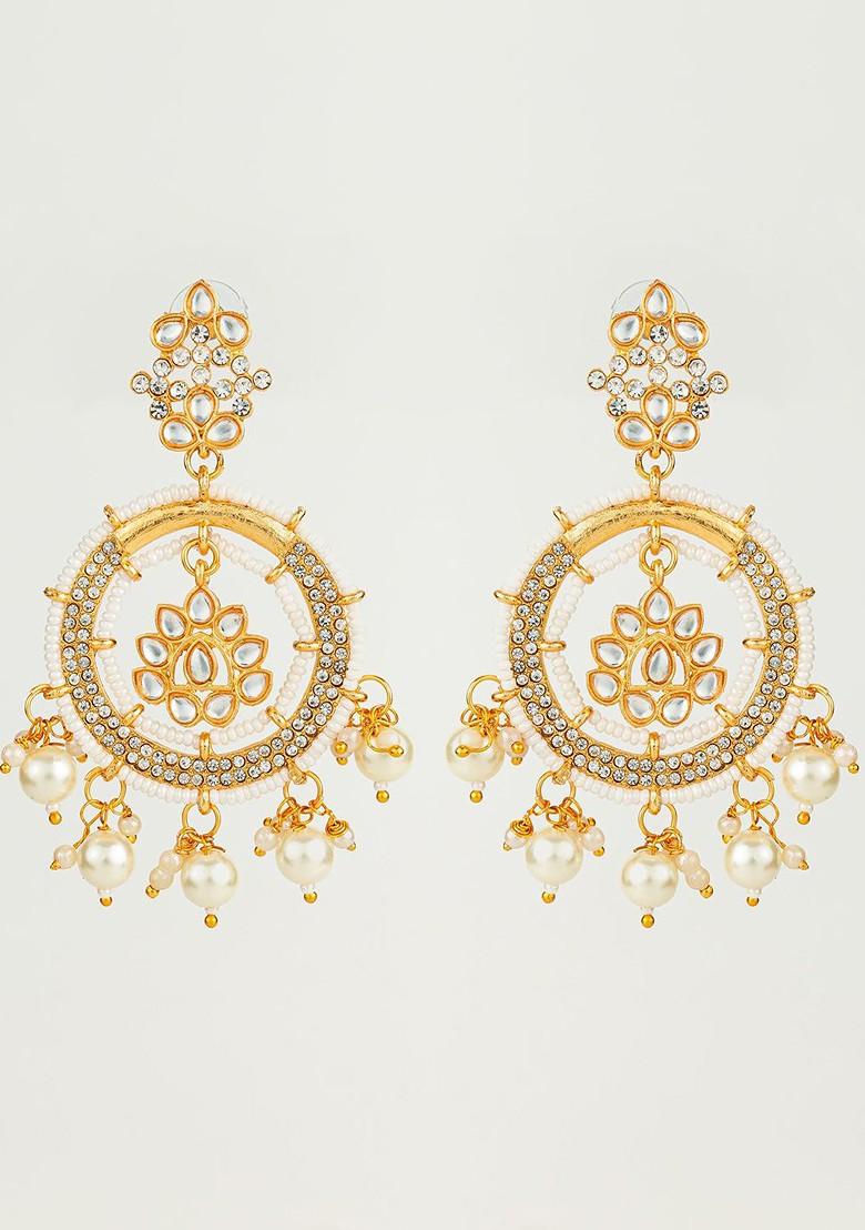 Gold Plated Kundan Stones Studded And Beaded Dome Shaped Jhumkas