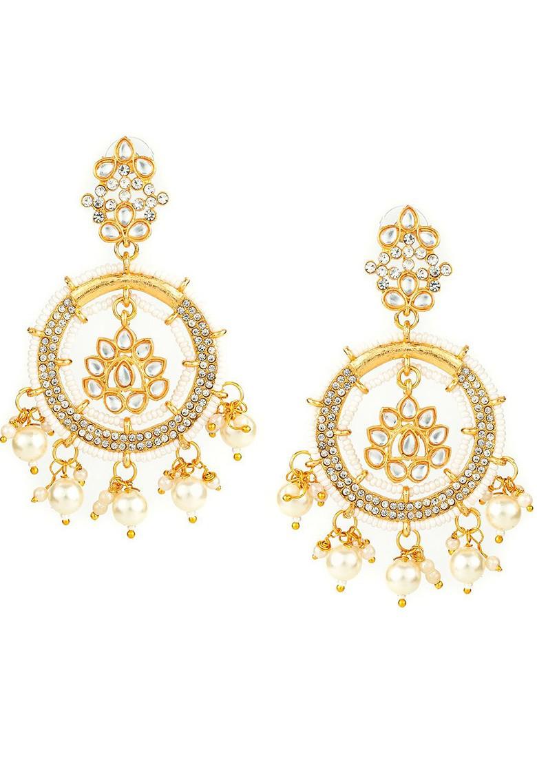 Gold Plated Kundan Stones Studded And Beaded Dome Shaped Jhumkas
