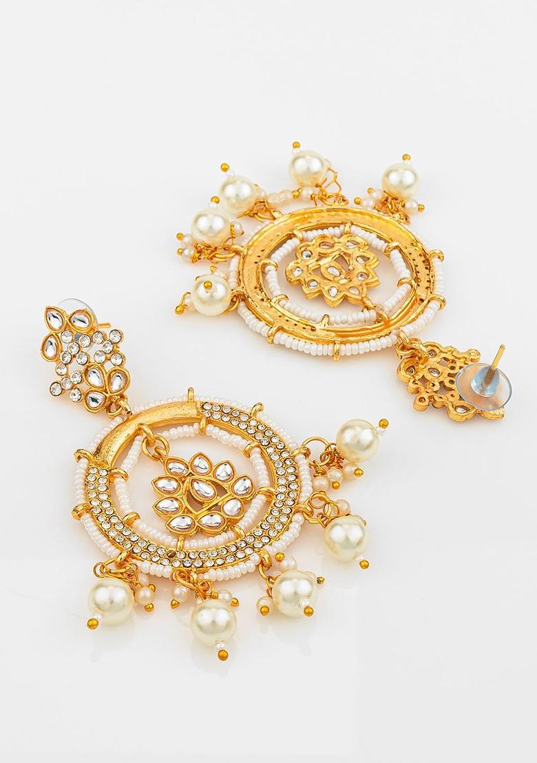 Gold Plated Kundan Stones Studded And Beaded Dome Shaped Jhumkas