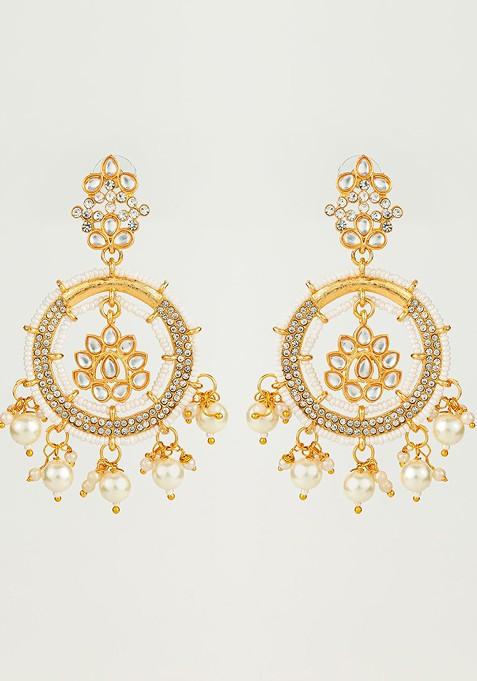 Gold Plated Kundan Stones Studded And Beaded Dome Shaped Jhumkas