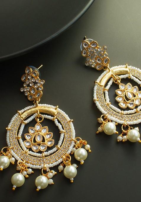 Gold Plated Kundan Stones Studded And Beaded Dome Shaped Jhumkas