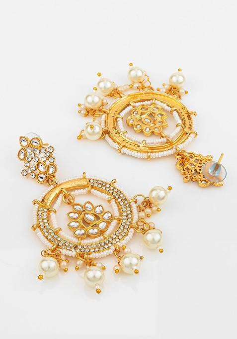 Gold Plated Kundan Stones Studded And Beaded Dome Shaped Jhumkas