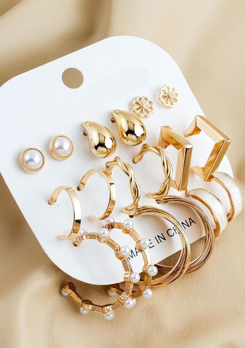 Set Of 9 Gold Plated Artificial Beaded Contemporary Shaped Studs