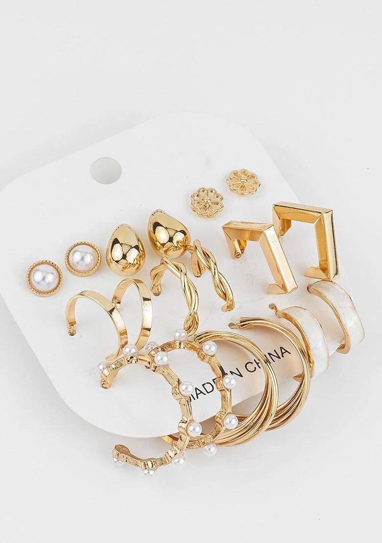 Set Of 9 Gold Plated Artificial Beaded Contemporary Shaped Studs