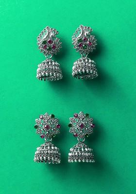 Silver Set Of 2 Silver Plated Artificial Stones Studded Dome Shaped Jhumkas