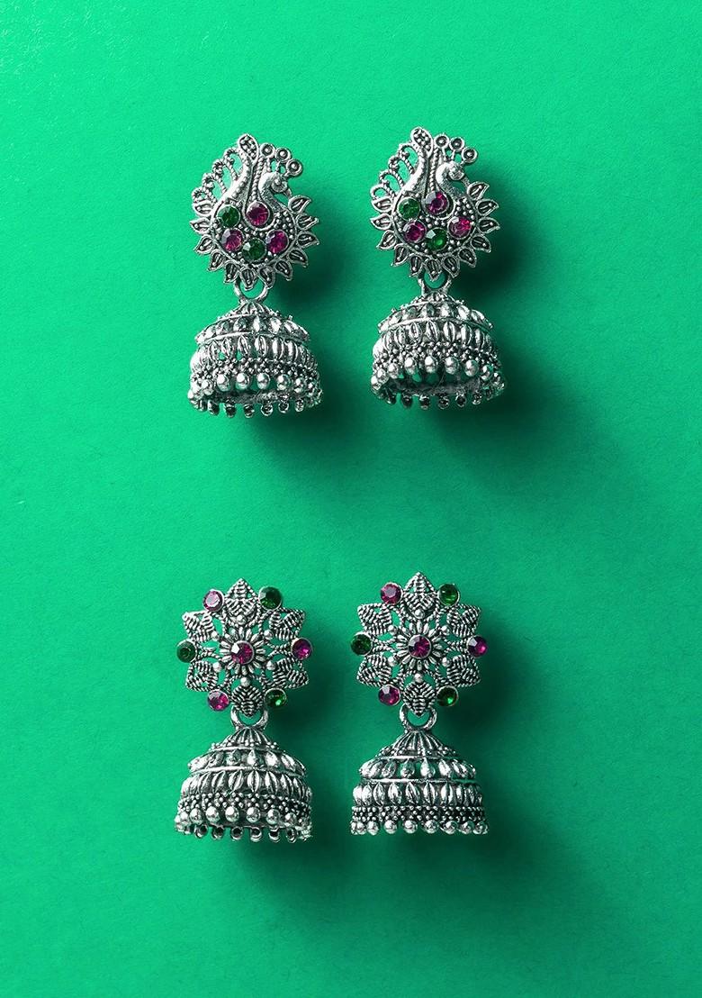 Silver Set Of 2 Silver Plated Artificial Stones Studded Dome Shaped Jhumkas