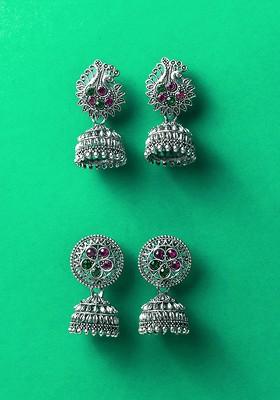 Silver Set Of 2 Silver Plated Artificial Stones Studded Dome Shaped Jhumkas