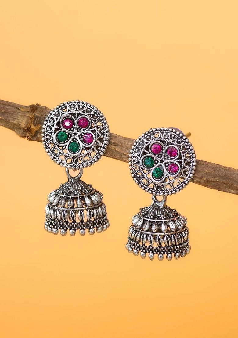 Silver Set Of 2 Silver Plated Artificial Stones Studded Dome Shaped Jhumkas